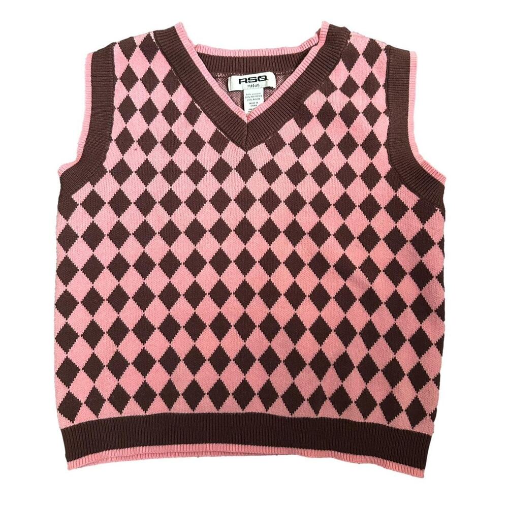 RSQ Pink & Brown Checkered Sweater Vest, Small